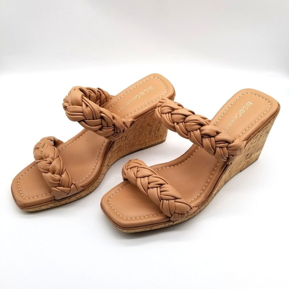 BCBGenaration Women Ulana Wedge Espadrille Sandals Size 9.5‎ Beige Slide